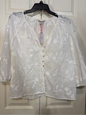 Nanette‎ Lepore White Embroidered Button-Front Peasant Blouse